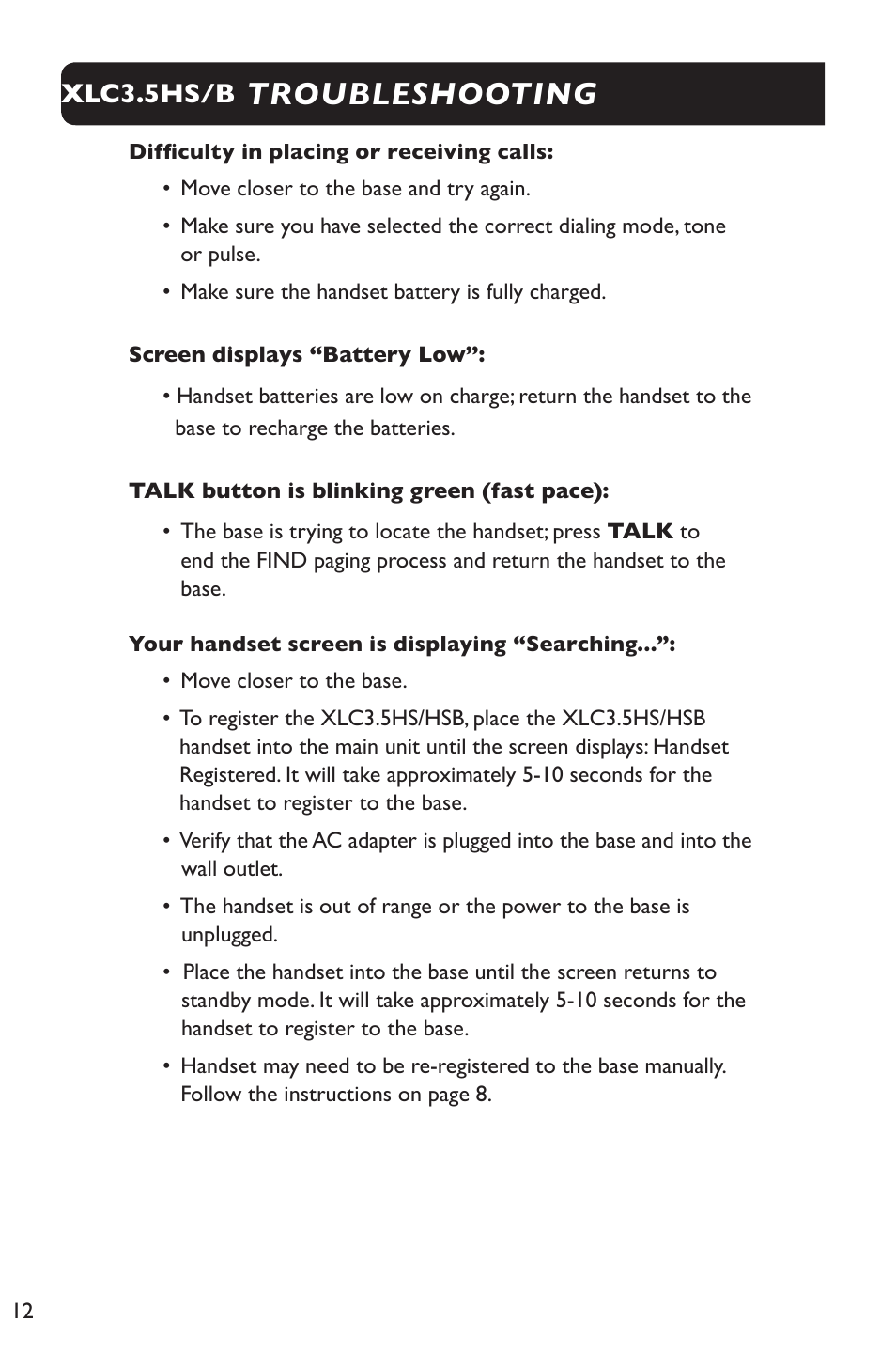 Troubleshooting, Xlc3.5hs/b | Clarity XLC Cordless 3.5HSB User Manual | Page 12 / 56