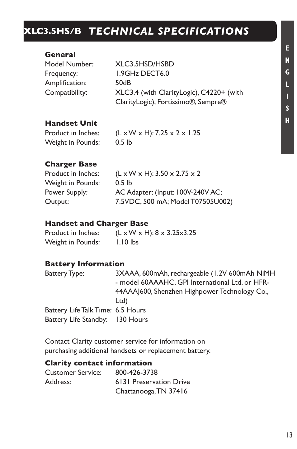 Technical specifications, Xlc3.5hs/b | Clarity XLC Cordless 3.5HSB User Manual | Page 13 / 56