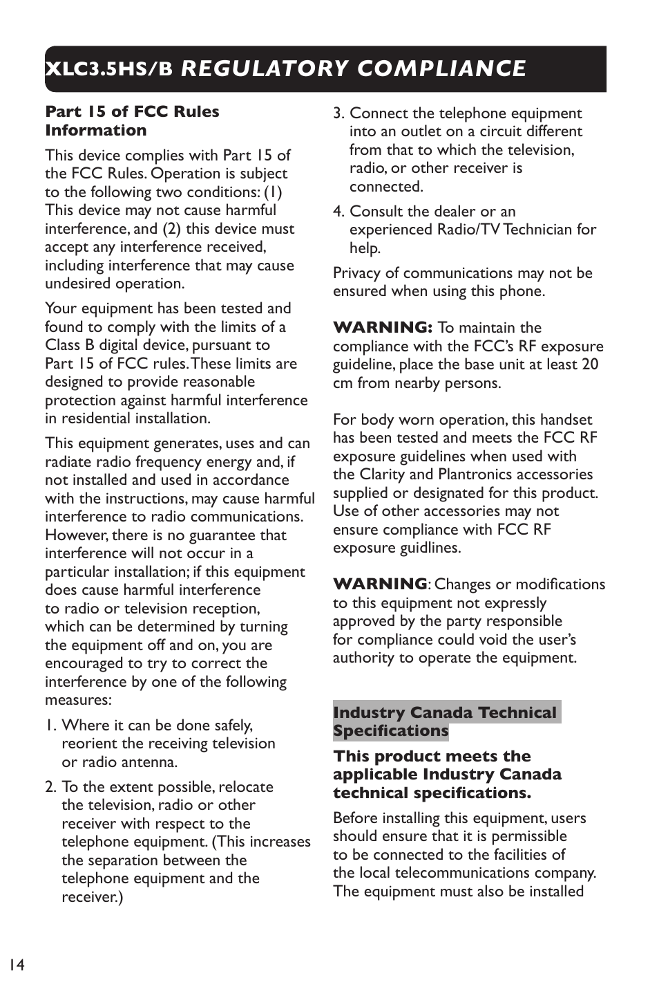Regulatory compliance, Xlc3.5hs/b | Clarity XLC Cordless 3.5HSB User Manual | Page 14 / 56