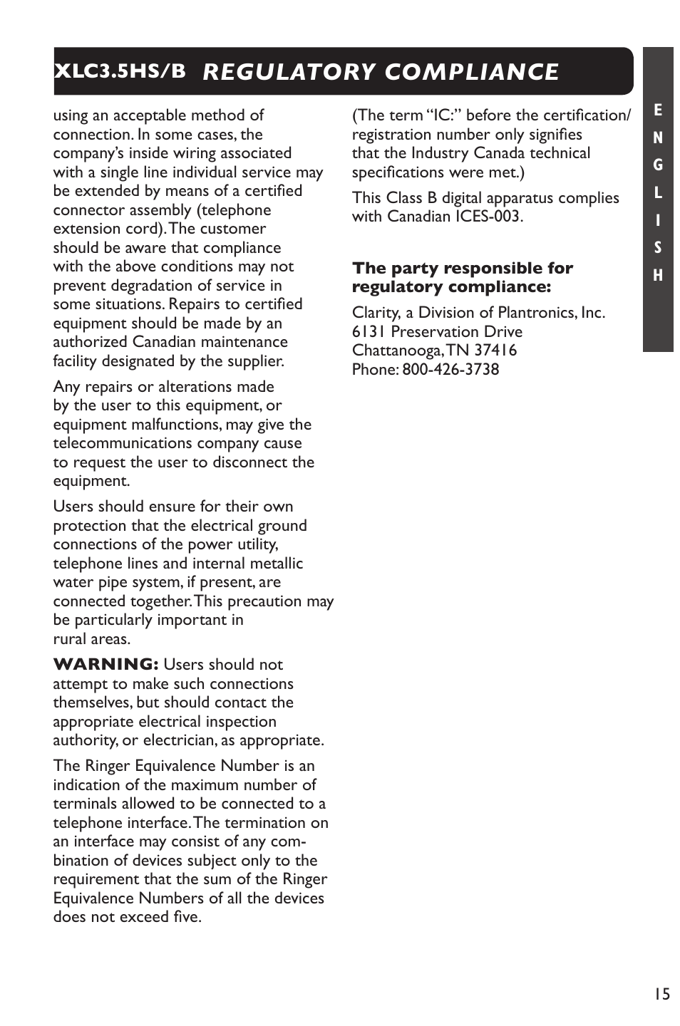 Regulatory compliance, Xlc3.5hs/b | Clarity XLC Cordless 3.5HSB User Manual | Page 15 / 56