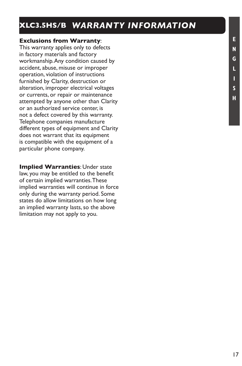 Warranty information, Xlc3.5hs/b | Clarity XLC Cordless 3.5HSB User Manual | Page 17 / 56