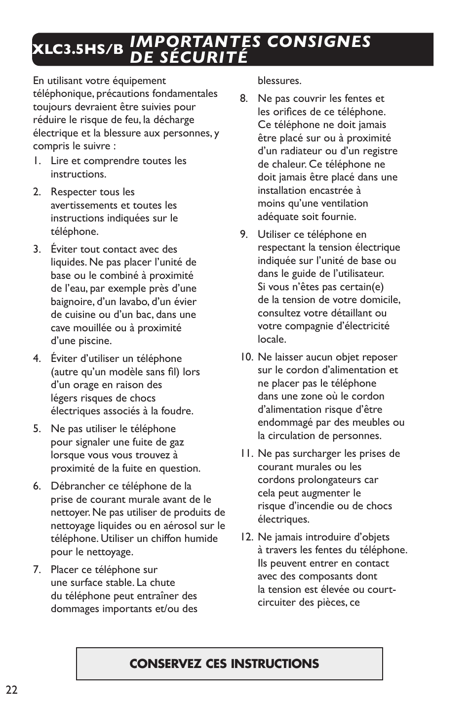 Importantes consignes de sécurité, Xlc3.5hs/b | Clarity XLC Cordless 3.5HSB User Manual | Page 22 / 56