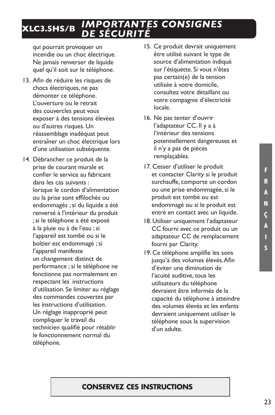 Importantes consignes de sécurité, Xlc3.5hs/b | Clarity XLC Cordless 3.5HSB User Manual | Page 23 / 56