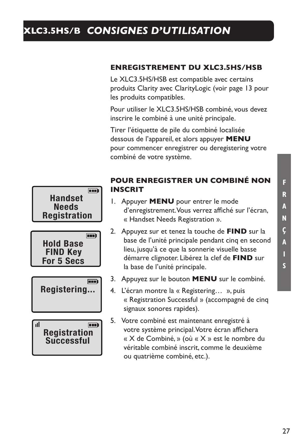 Consignes d’utilisation | Clarity XLC Cordless 3.5HSB User Manual | Page 27 / 56