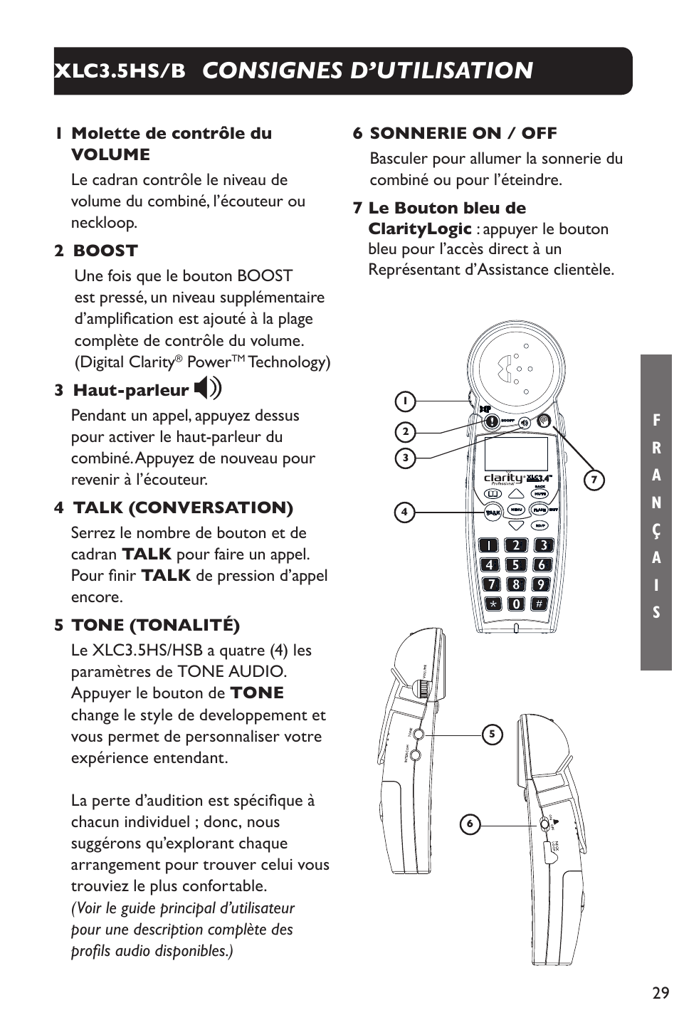 Consignes d’utilisation, Xlc3.5hs/b, Power | Technology) 3 haut-parleur | Clarity XLC Cordless 3.5HSB User Manual | Page 29 / 56