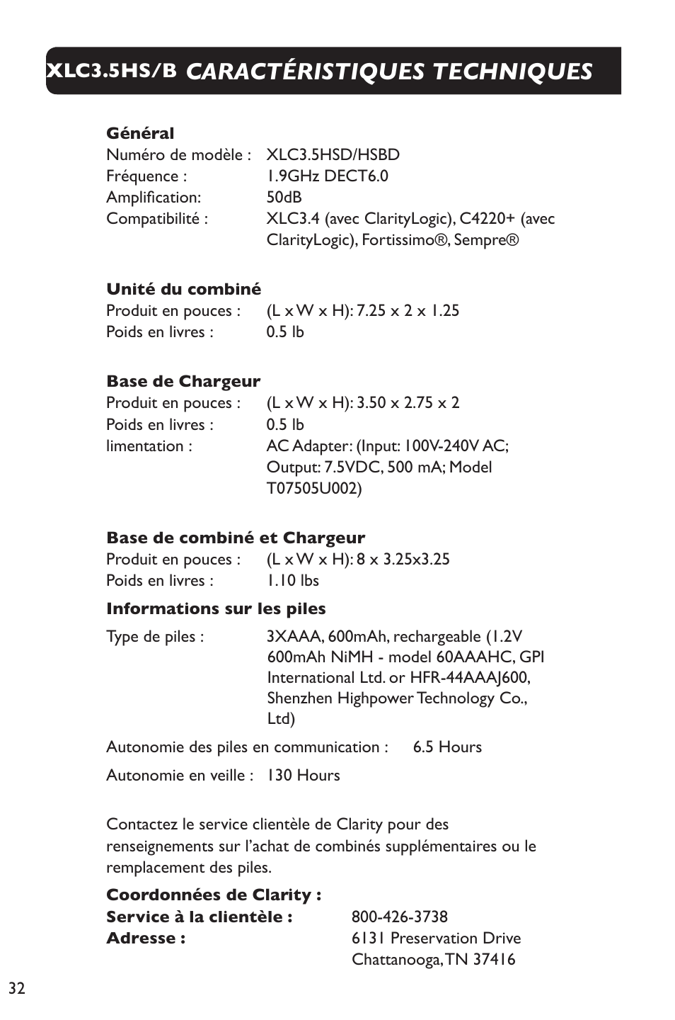 Caractéristiques techniques, Xlc3.5hs/b | Clarity XLC Cordless 3.5HSB User Manual | Page 32 / 56