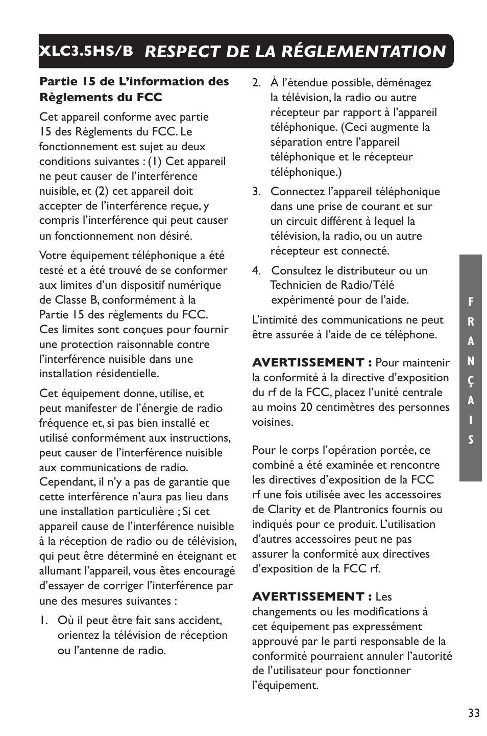 Respect de la réglementation, Xlc3.5hs/b | Clarity XLC Cordless 3.5HSB User Manual | Page 33 / 56