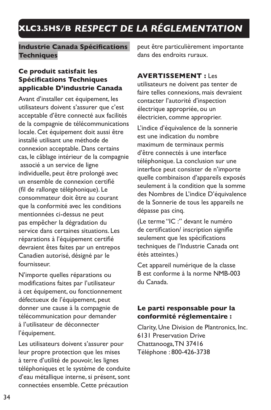 Respect de la réglementation | Clarity XLC Cordless 3.5HSB User Manual | Page 34 / 56
