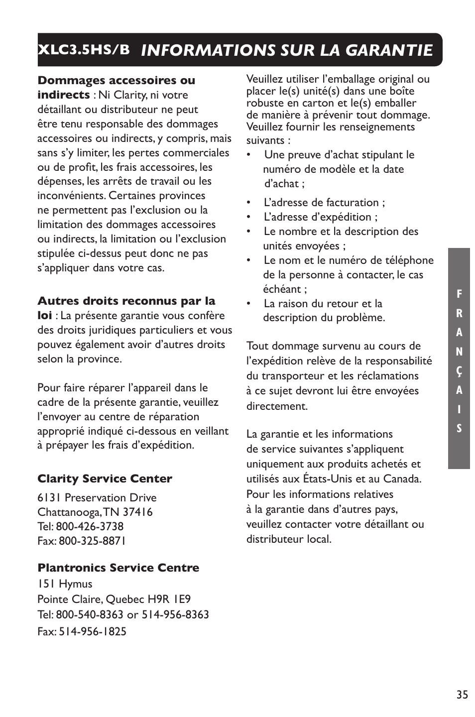 Informations sur la garantie, Xlc3.5hs/b | Clarity XLC Cordless 3.5HSB User Manual | Page 35 / 56