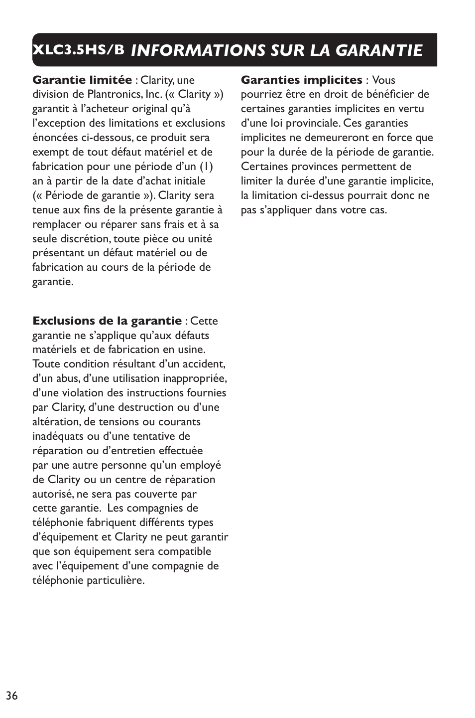 Informations sur la garantie | Clarity XLC Cordless 3.5HSB User Manual | Page 36 / 56