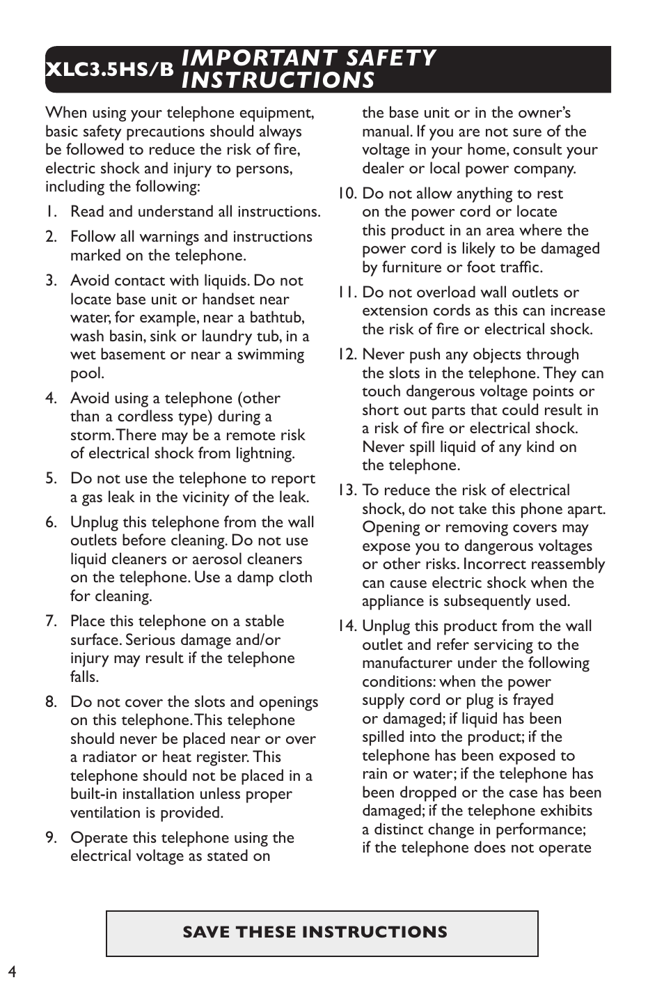 Important safety instructions, Xlc3.5hs/b | Clarity XLC Cordless 3.5HSB User Manual | Page 4 / 56