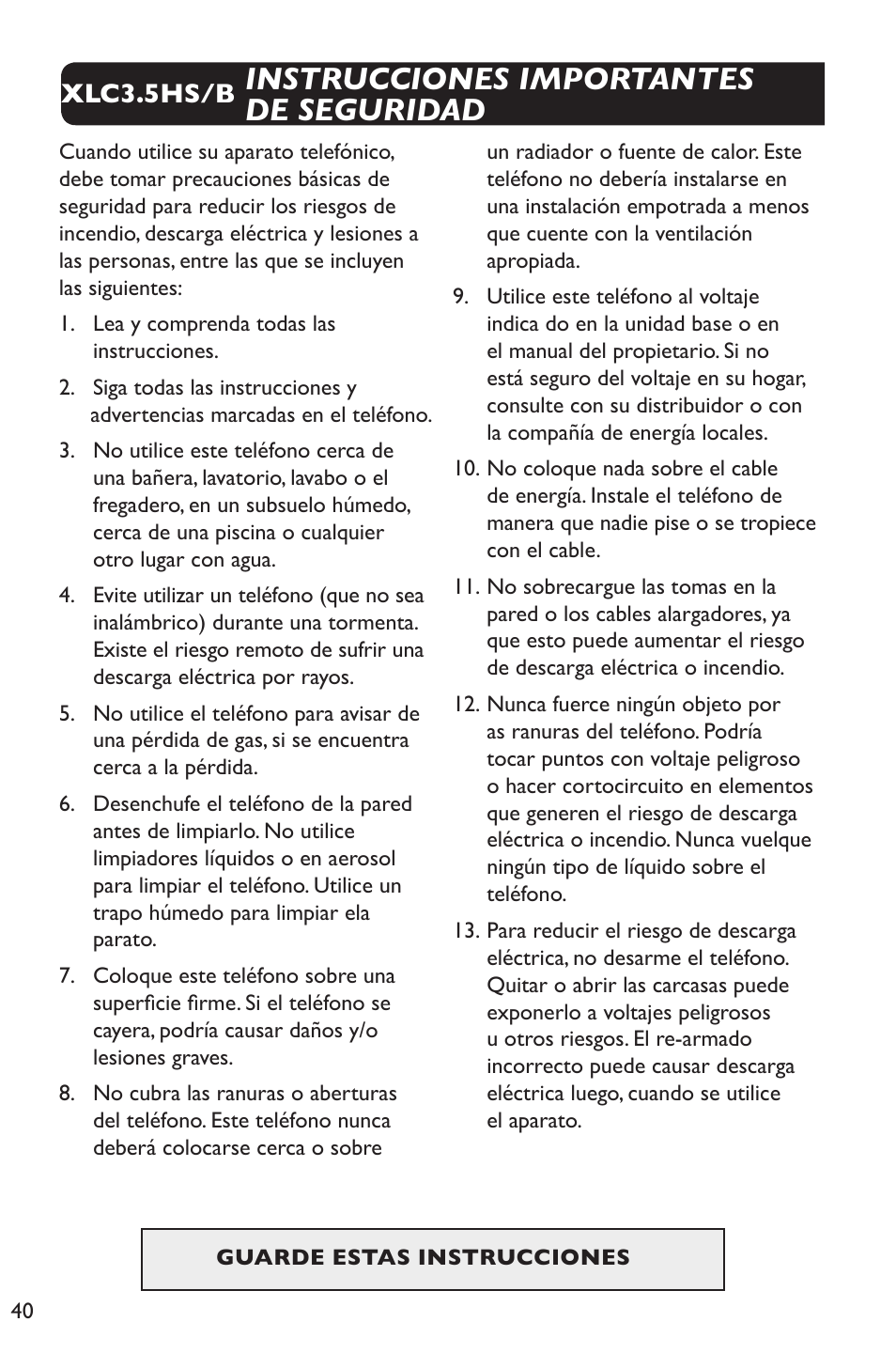 Instrucciones importantes de seguridad, Xlc3.5hs/b | Clarity XLC Cordless 3.5HSB User Manual | Page 40 / 56