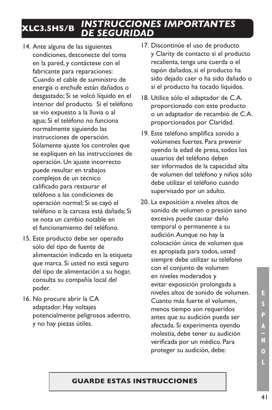 Instrucciones importantes de seguridad, Xlc3.5hs/b | Clarity XLC Cordless 3.5HSB User Manual | Page 41 / 56