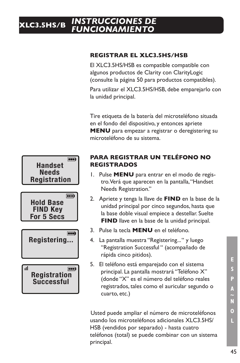 Instrucciones de funcionamiento | Clarity XLC Cordless 3.5HSB User Manual | Page 45 / 56