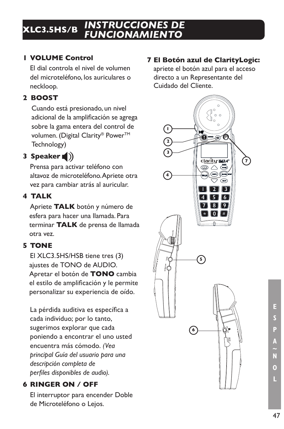 Instrucciones de funcionamiento, Xlc3.5hs/b, Power | Clarity XLC Cordless 3.5HSB User Manual | Page 47 / 56