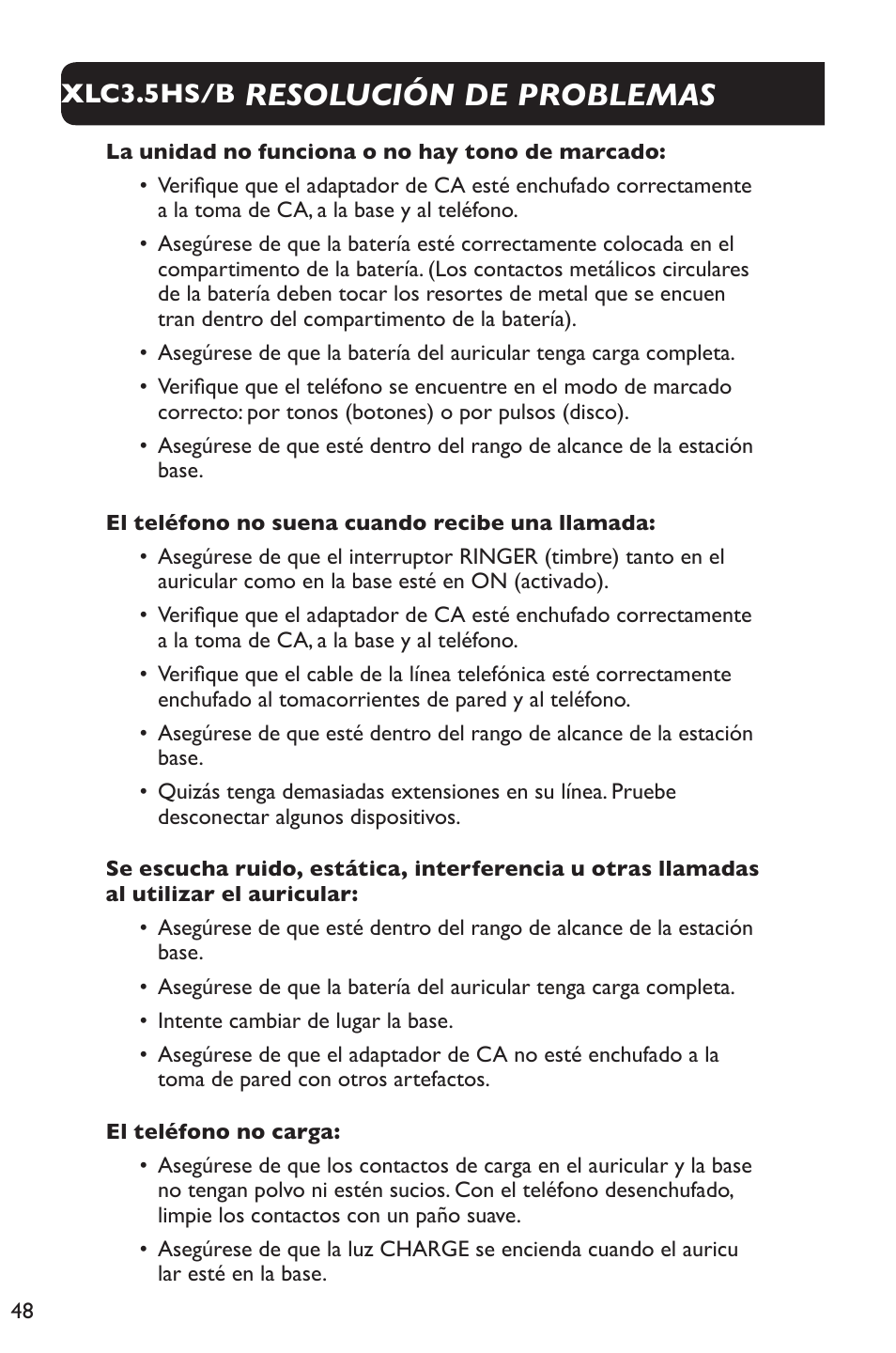 Resolución de problemas, Xlc3.5hs/b | Clarity XLC Cordless 3.5HSB User Manual | Page 48 / 56
