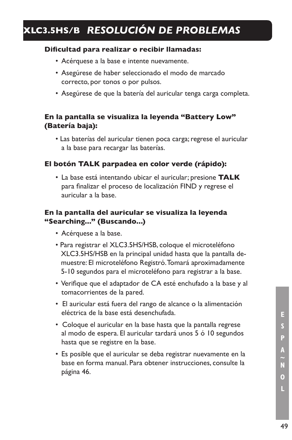 Resolución de problemas, Xlc3.5hs/b | Clarity XLC Cordless 3.5HSB User Manual | Page 49 / 56