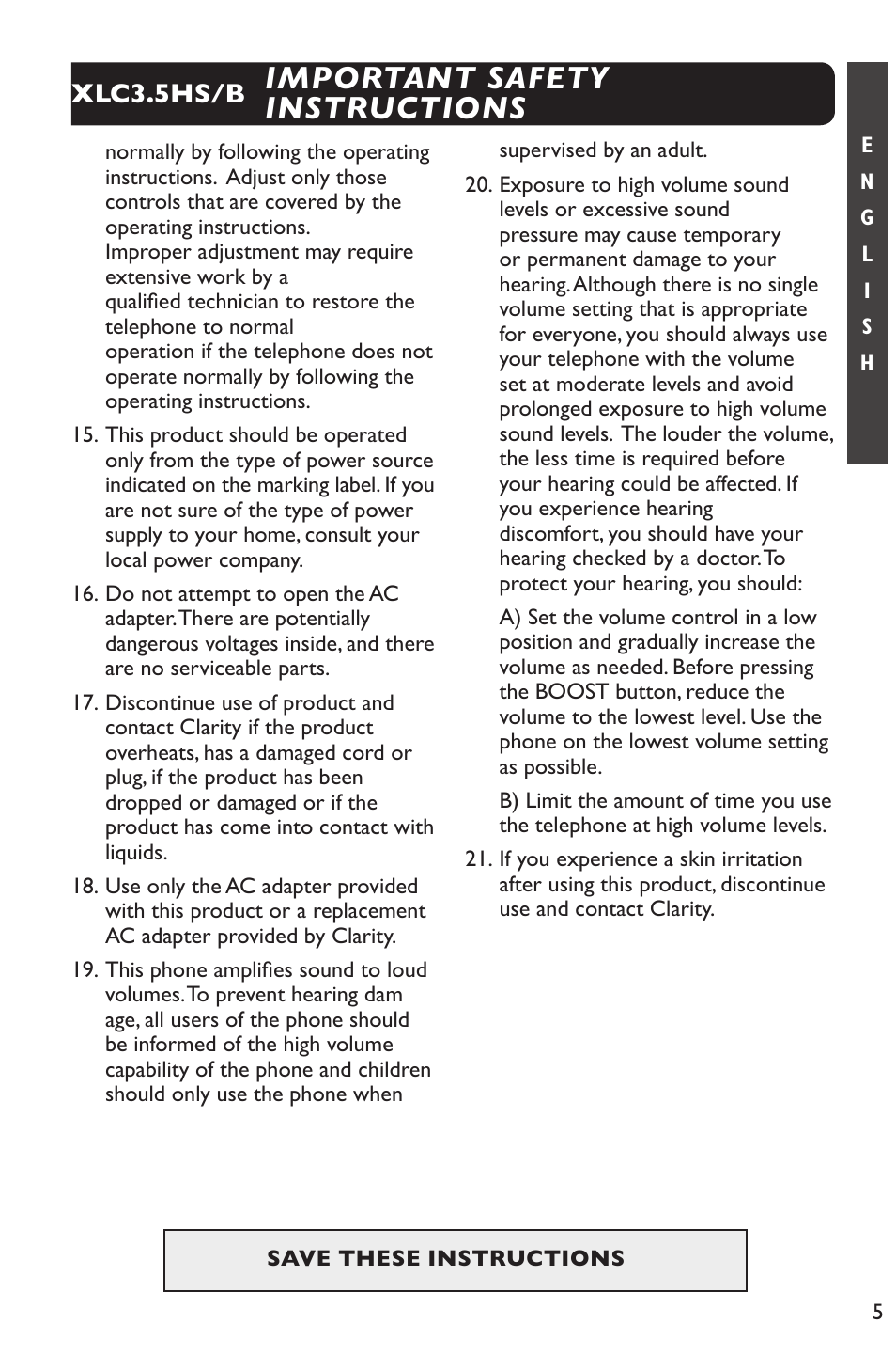 Important safety instructions, Xlc3.5hs/b | Clarity XLC Cordless 3.5HSB User Manual | Page 5 / 56