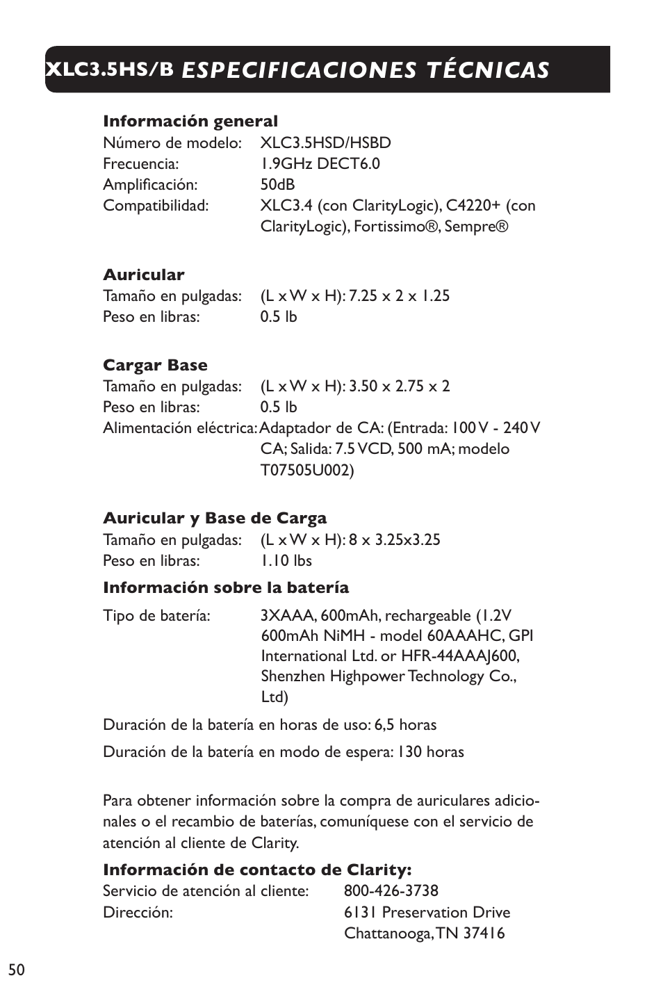 Especificaciones técnicas, Xlc3.5hs/b | Clarity XLC Cordless 3.5HSB User Manual | Page 50 / 56