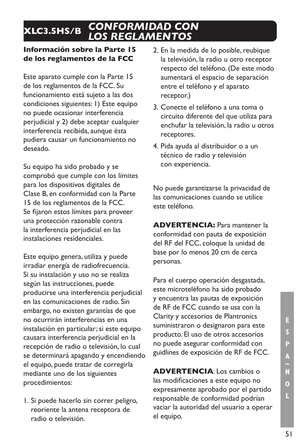 Conformidad con los reglamentos | Clarity XLC Cordless 3.5HSB User Manual | Page 51 / 56