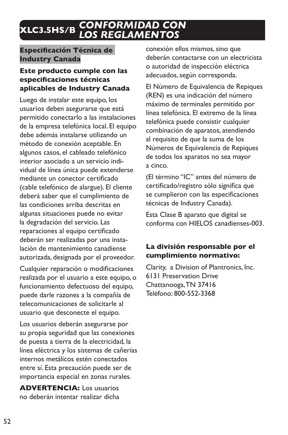 Conformidad con los reglamentos | Clarity XLC Cordless 3.5HSB User Manual | Page 52 / 56
