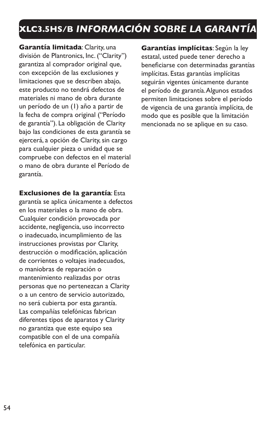 Información sobre la garantía | Clarity XLC Cordless 3.5HSB User Manual | Page 54 / 56
