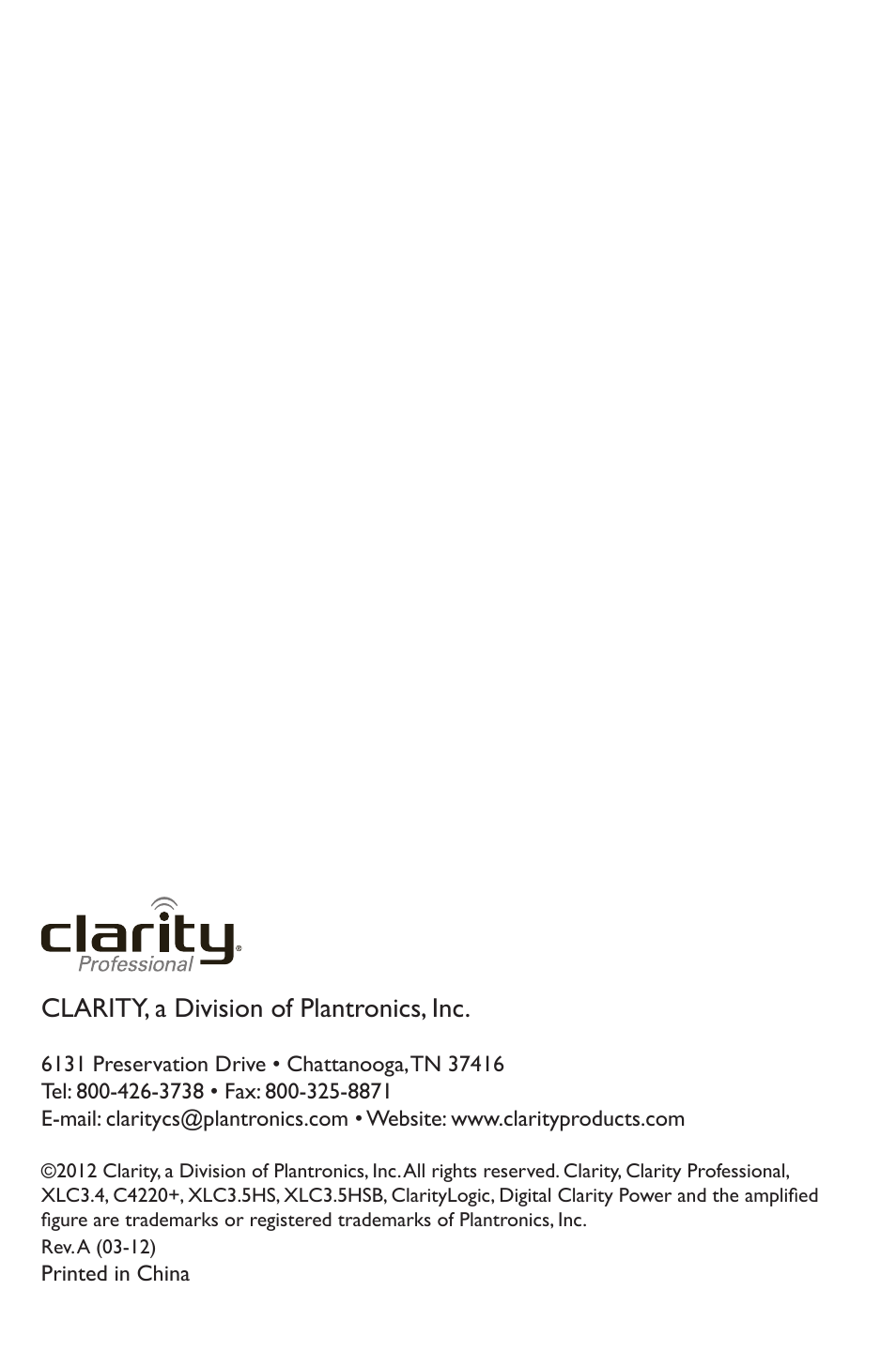 Clarity, a division of plantronics, inc | Clarity XLC Cordless 3.5HSB User Manual | Page 56 / 56