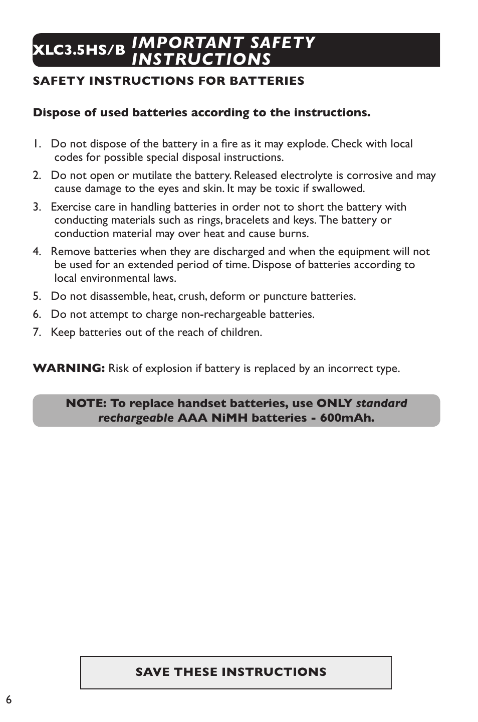 Important safety instructions | Clarity XLC Cordless 3.5HSB User Manual | Page 6 / 56