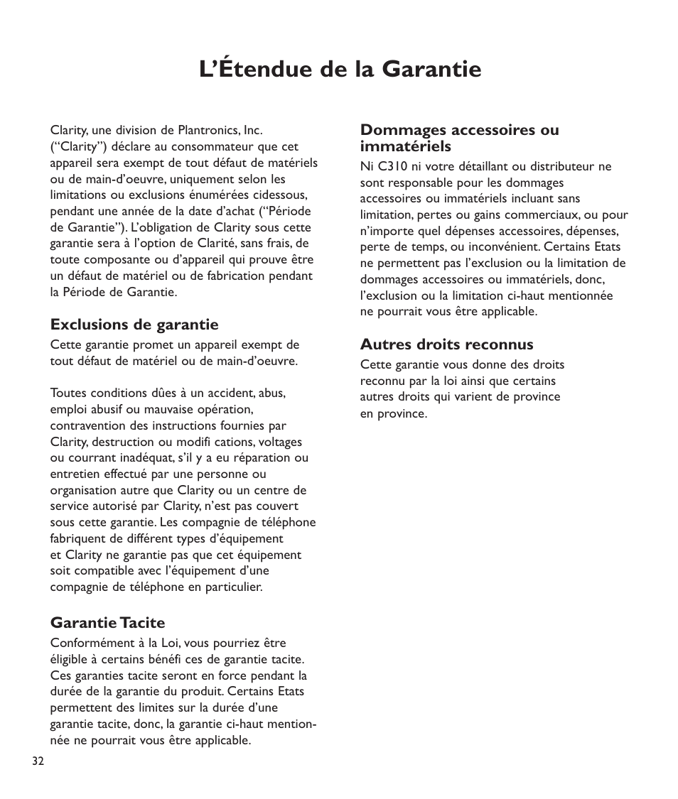 L’étendue de la garantie | Clarity C2210 User Manual | Page 101 / 102