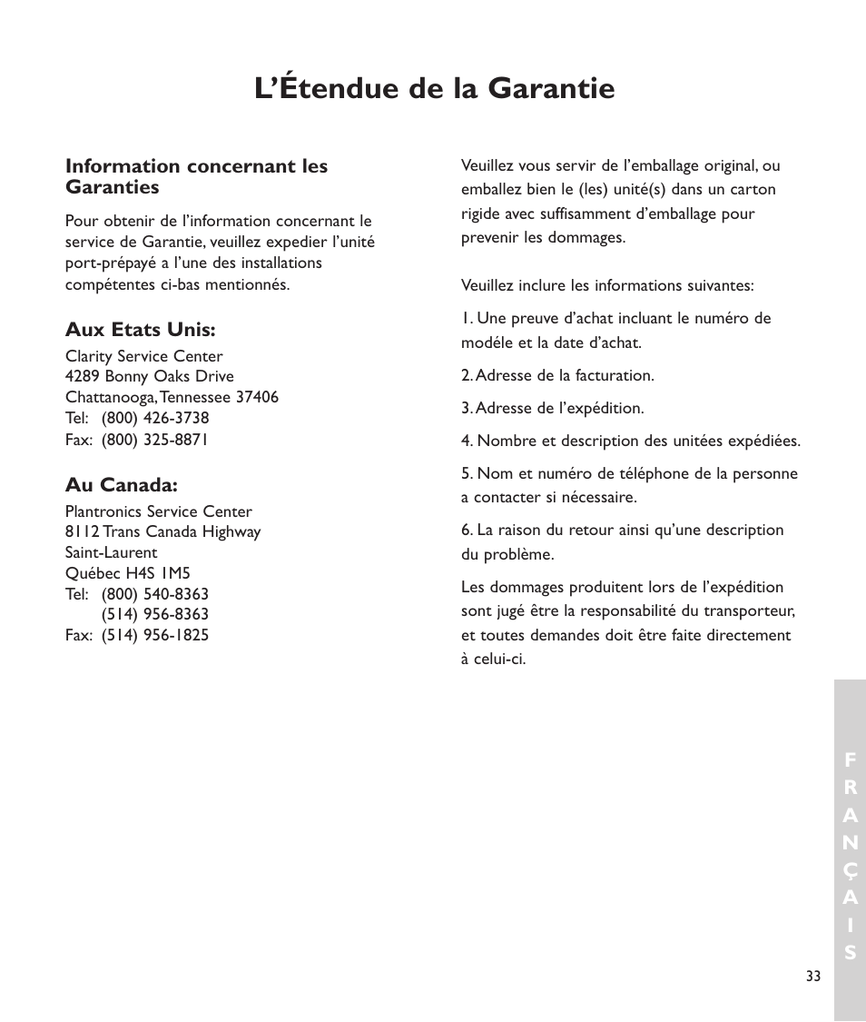 L’étendue de la garantie | Clarity C2210 User Manual | Page 102 / 102