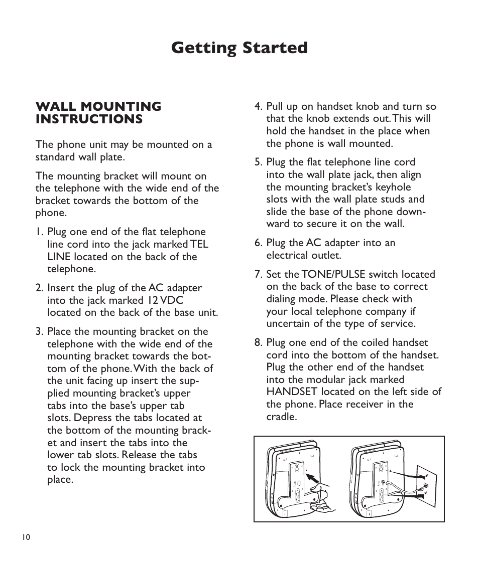 Getting started, Wall mounting instructions | Clarity C2210 User Manual | Page 11 / 102