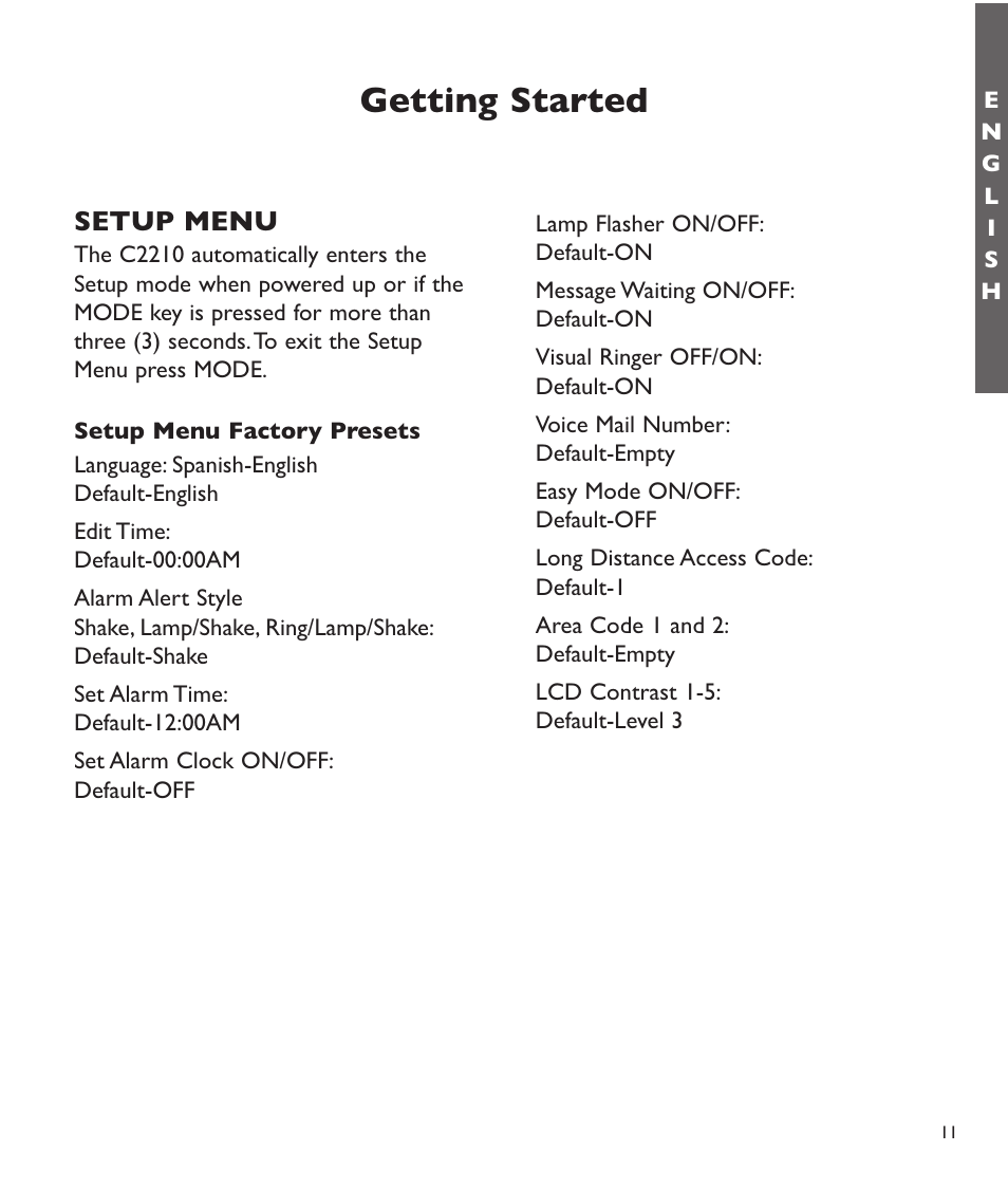 Getting started, Setup menu | Clarity C2210 User Manual | Page 12 / 102