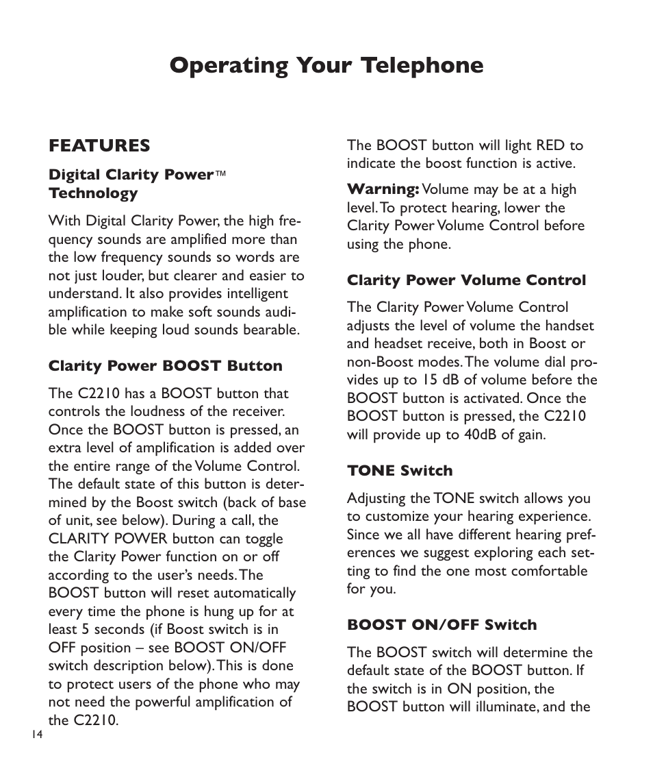 Operating your telephone, Features | Clarity C2210 User Manual | Page 15 / 102