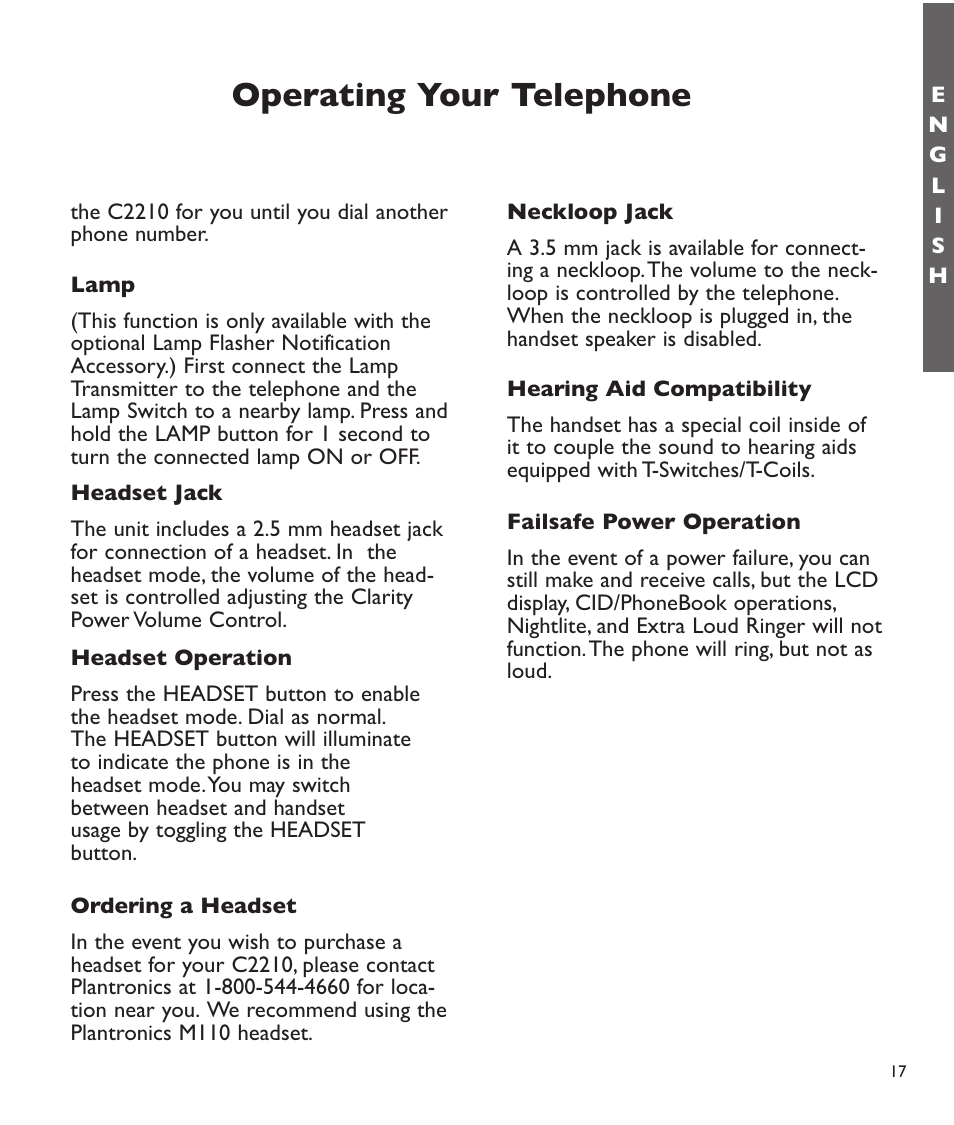 Operating your telephone | Clarity C2210 User Manual | Page 18 / 102