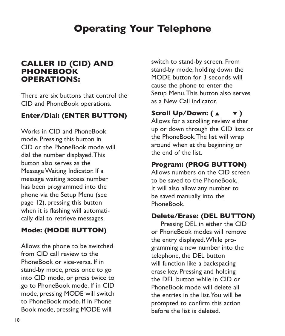 Operating your telephone, Caller id (cid) and phonebook operations | Clarity C2210 User Manual | Page 19 / 102