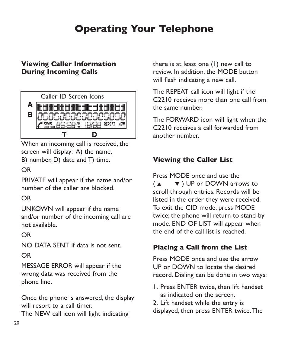 Operating your telephone | Clarity C2210 User Manual | Page 21 / 102