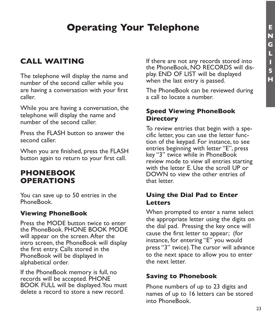 Operating your telephone, Call waiting, Phonebook operations | Clarity C2210 User Manual | Page 24 / 102