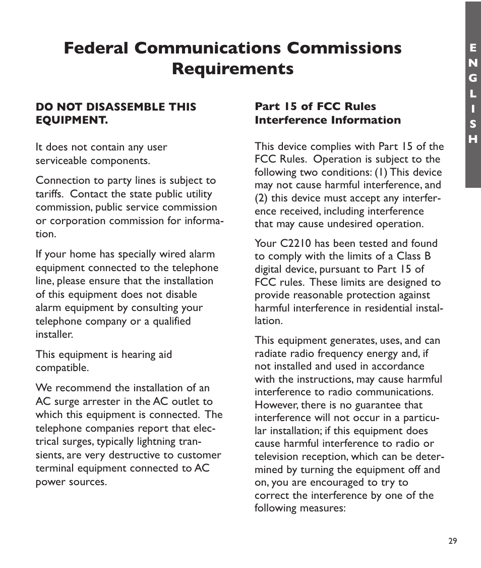 Federal communications commissions requirements | Clarity C2210 User Manual | Page 30 / 102