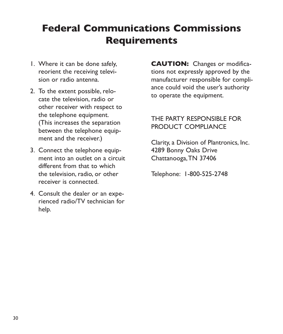 Federal communications commissions requirements | Clarity C2210 User Manual | Page 31 / 102