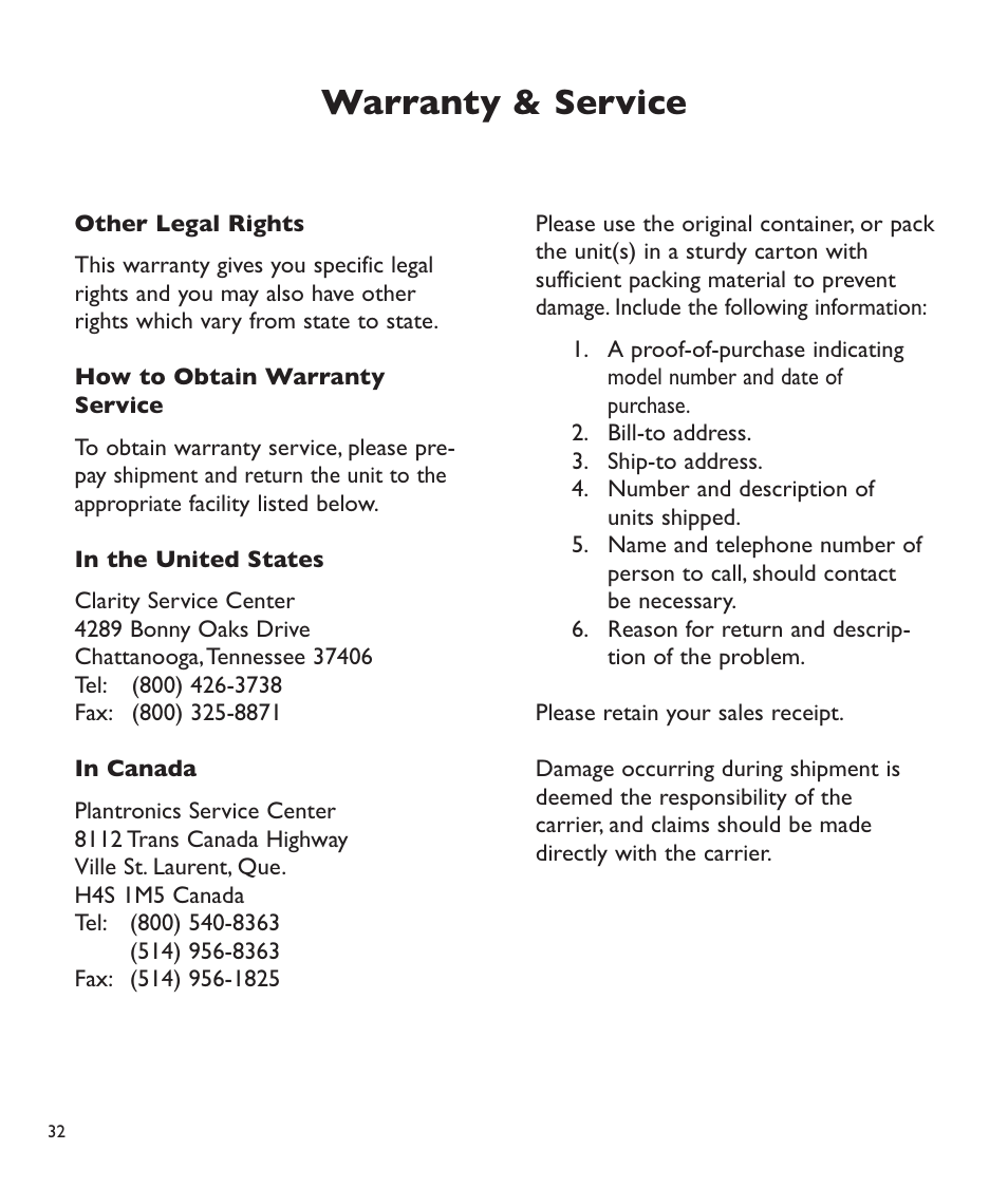 Warranty & service | Clarity C2210 User Manual | Page 33 / 102