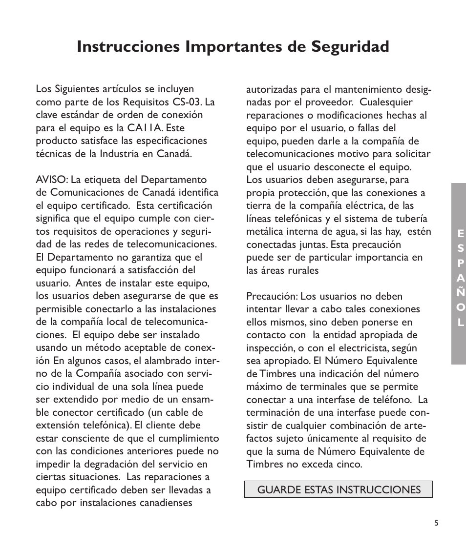 Instrucciones importantes de seguridad | Clarity C2210 User Manual | Page 38 / 102