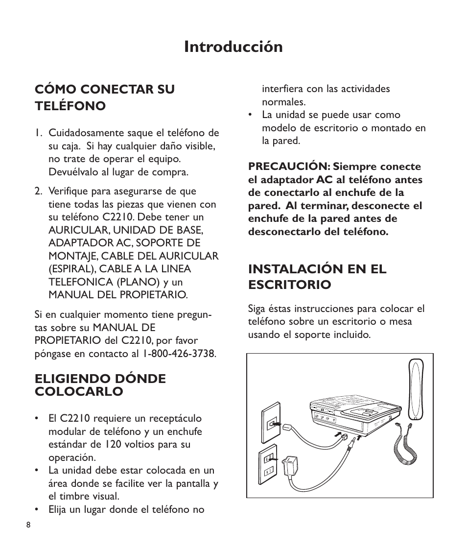 Introducción, Cómo conectar su teléfono, Eligiendo dónde colocarlo | Instalación en el escritorio | Clarity C2210 User Manual | Page 41 / 102