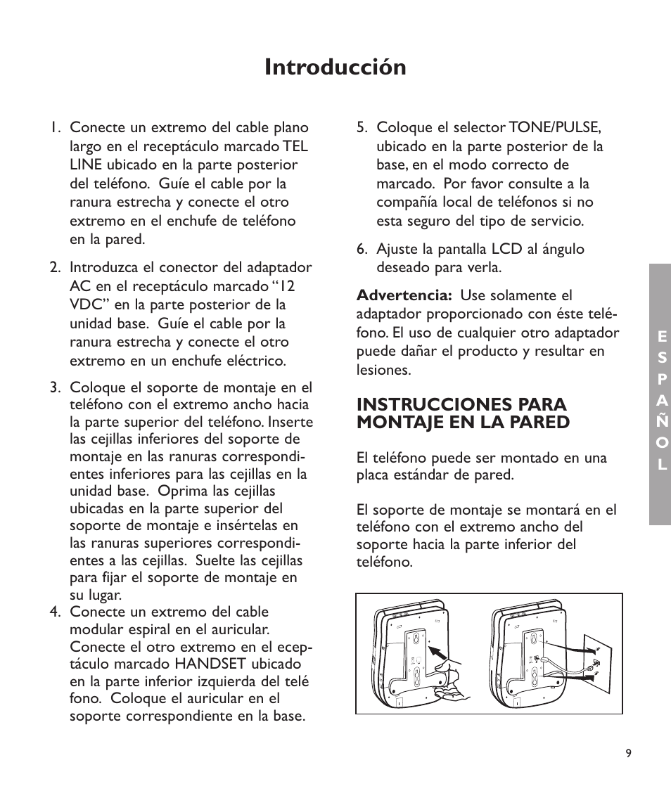 Introducción, Instrucciones para montaje en la pared | Clarity C2210 User Manual | Page 42 / 102