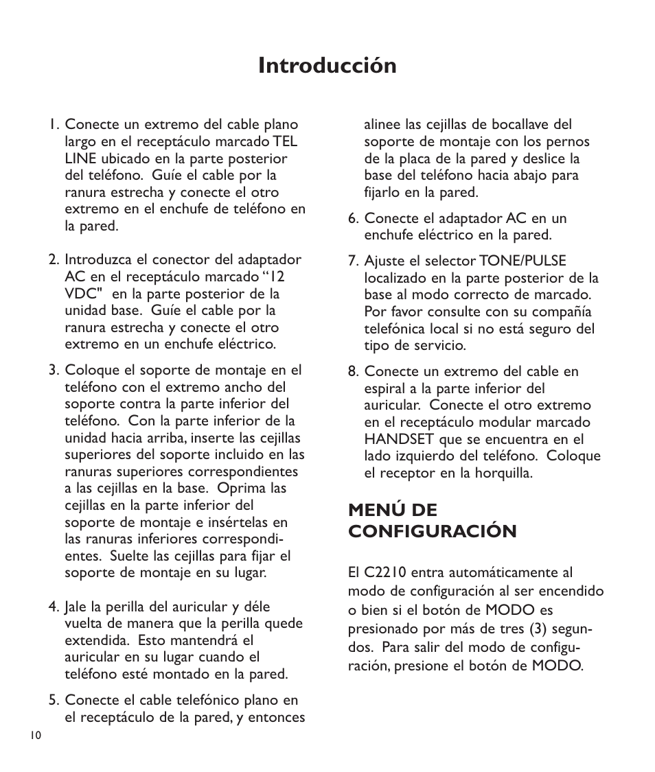 Introducción, Menú de configuración | Clarity C2210 User Manual | Page 43 / 102