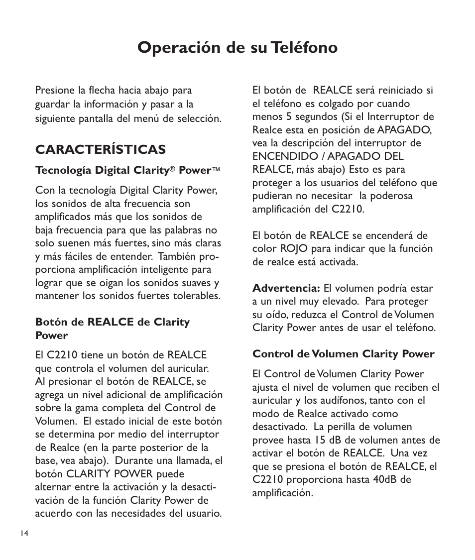 Operación de su teléfono, Características | Clarity C2210 User Manual | Page 47 / 102