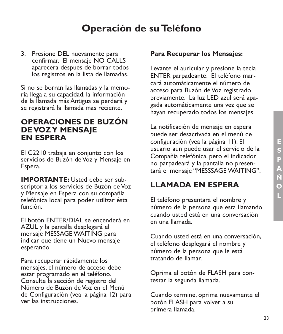 Operación de su teléfono, Operaciones de buzón de voz y mensaje en espera, Llamada en espera | Clarity C2210 User Manual | Page 56 / 102