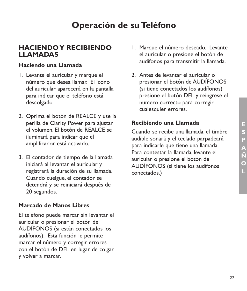 Operación de su teléfono, Haciendo y recibiendo llamadas | Clarity C2210 User Manual | Page 60 / 102
