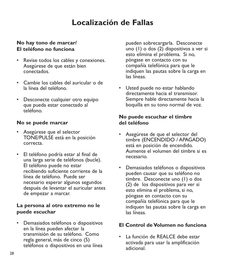 Localización de fallas | Clarity C2210 User Manual | Page 61 / 102