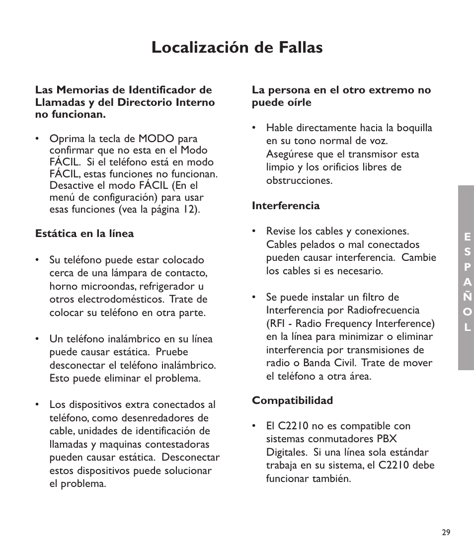 Localización de fallas | Clarity C2210 User Manual | Page 62 / 102