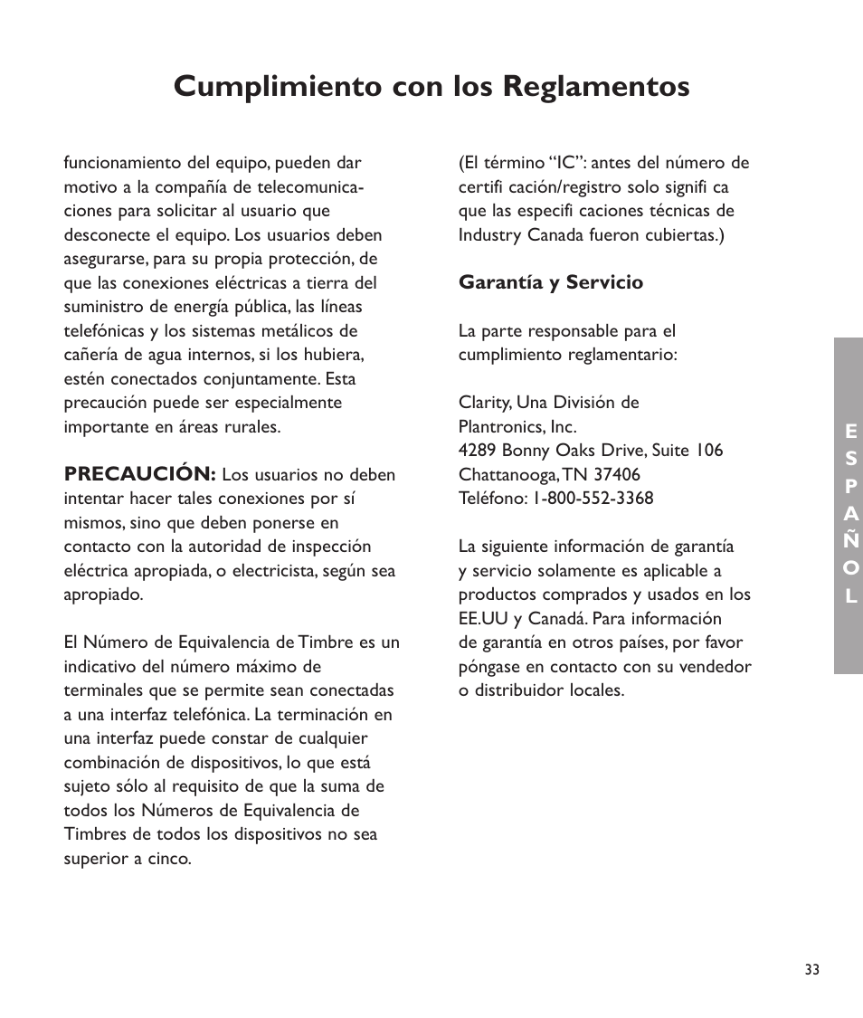 Cumplimiento con los reglamentos | Clarity C2210 User Manual | Page 66 / 102